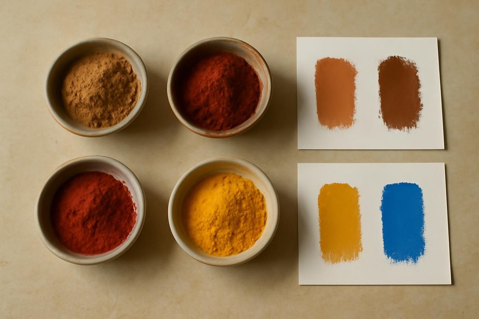small bowls of raw earth pigment and synthetic pigment powders with test swatches