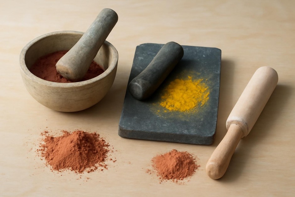 hand tools for grinding pigments: mortar and pestle, stone slab and muller, soft roller