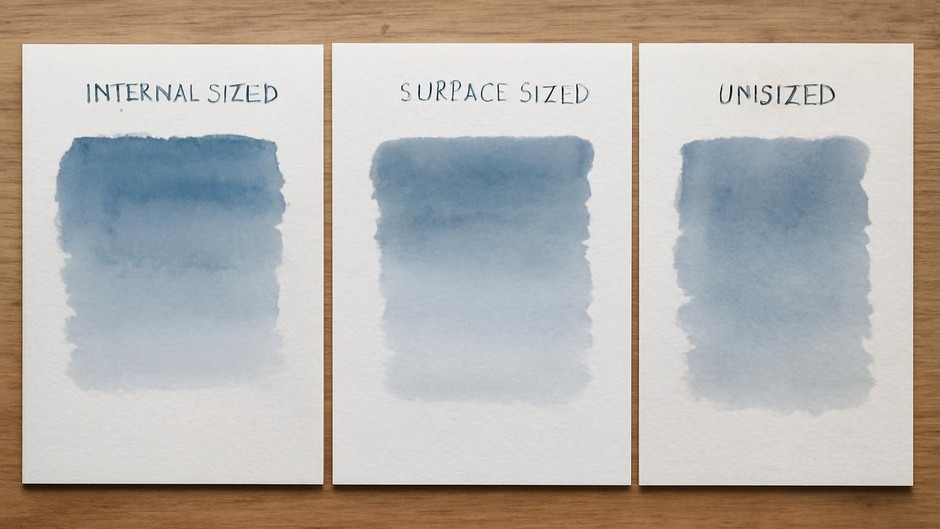 sheets of paper labeled internal sized, surface sized, and unsized, with test washes