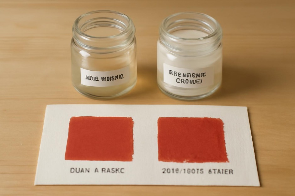 small jars labeled gum arabic and synthetic binder next to paint swatches