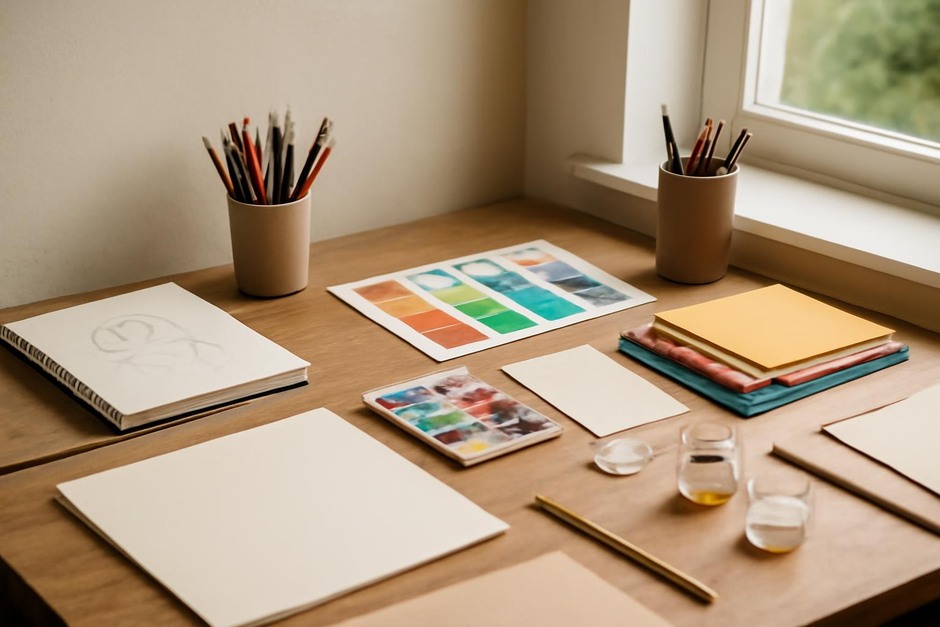 Abstract art desk with color swatches, brush marks, and sketchbook studies.