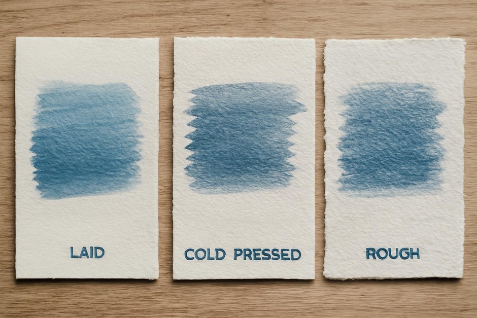 three paper swatches laid out: laid, cold-pressed, and rough, with brush marks