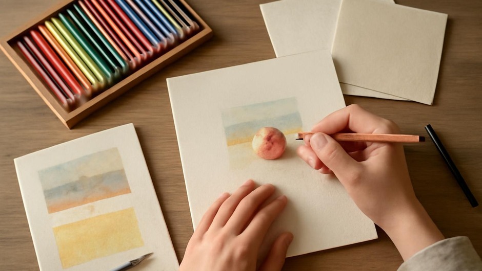 Bright studio image with paint textures, paper layers, and geometric color blocks.